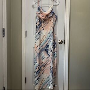 Pink and Blue Sheath Midi Dress with Cowl Neck